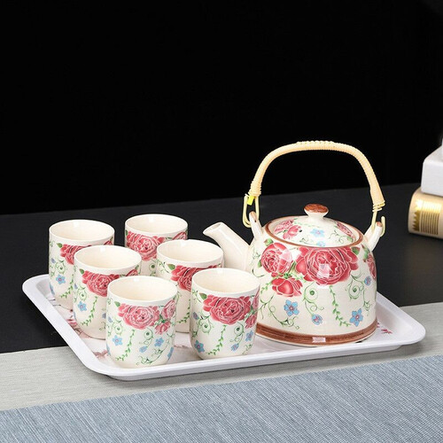 恒程 整套功夫茶具套装 陶瓷青花瓷茶壶茶杯茶 提梁壶7件套 茶道配件 红牡丹+密胺盘