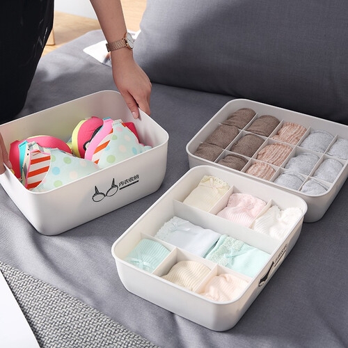 储物盒内衣收纳盒 袜子内裤收纳箱 塑料有盖整理箱家居衣物整理盒 密封防尘(清新灰)