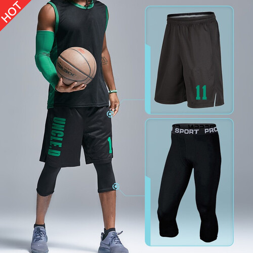 运动裤男秋季AJ篮球裤速干高弹打底紧身七分裤长裤跑步健身宽松短裤篮球服 UNCLE.D黑短裤+黑七分裤 XL(175-180高.135-150斤)