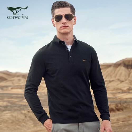 七匹狼长袖T恤青年男士商务休闲翻领T恤男2019秋季时尚纯棉POLO衫 001(黑色) 175/XL