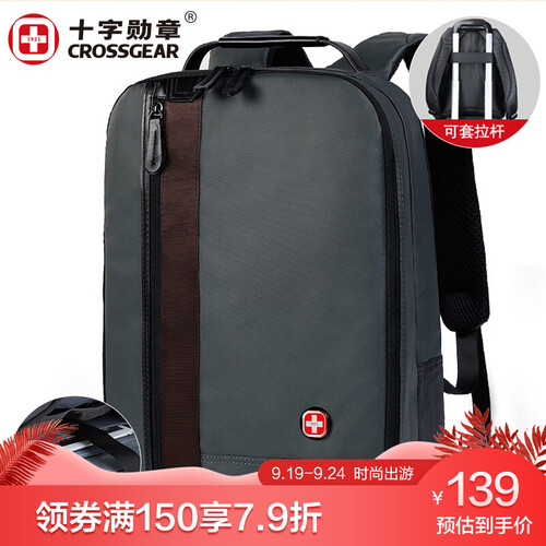 十字勋章瑞士双肩包男士商务背包时尚潮流学生书包休闲运动出差旅行包15.6英寸笔记本电脑包 灰配棕CR-7016