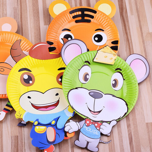 乐哲 儿童手工diy制作材料包彩色纸盘子创意粘贴画幼儿园益智玩具贴纸画3-6岁男女孩宝宝亲子互动套装 十二生肖款