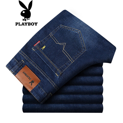 花花公子PLAYBOY牛仔裤男长裤2019秋冬新款直筒商务休闲弹力牛仔男裤 深蓝 31
