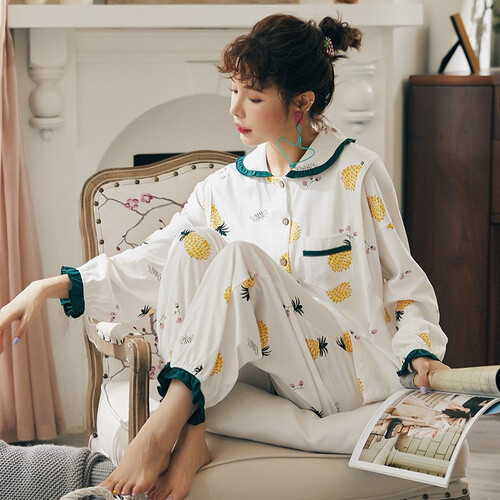 舒愉月子服春秋季孕妇睡衣纯棉产后哺乳衣外出产妇喂奶衣哺乳睡衣长袖套装 白色菠萝 L码【建议115-130斤】