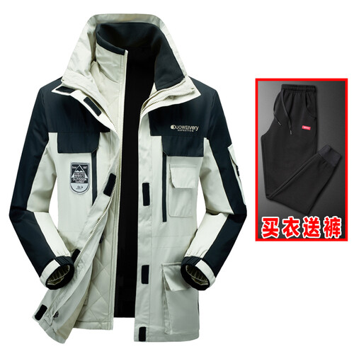 崖虎（YAWHO）冲锋衣裤男女三合一套装秋冬季户外服装加绒加厚登山冲锋裤保暖羽绒棉滑雪服 男款白色 XL