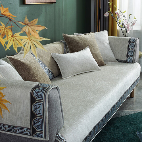 兰丽坊 沙发垫套装新中式沙发套防滑沙发罩巾组合沙发雪尼尔Vs提花面料 羽墨-米白 90*90cm一张