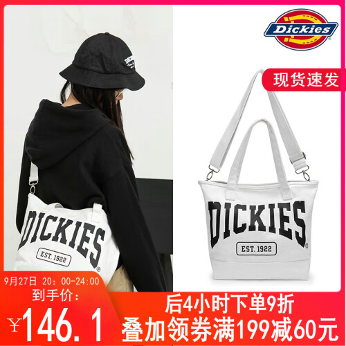 Dickies潮牌2019新款女包简约个性斜挎包大容量休闲单肩包女学生帆布包女时尚百搭手提包托特包 【黑色logo款】 D19-B016