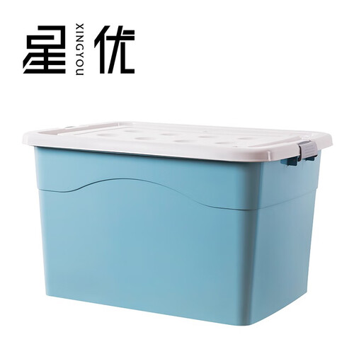 星优收纳箱特大号塑料整理箱加厚衣柜收纳盒书籍被子储物箱车载后备箱防潮无味有盖带轮子储物盒 水晶蓝80L【56.5*41.5*32.5】