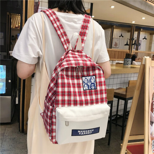 【质量保证】新款书包女校园风小清新格子中学生书包女韩版简约帆布初中生高中小学生背包女生校园双肩包 红色 款一半格子