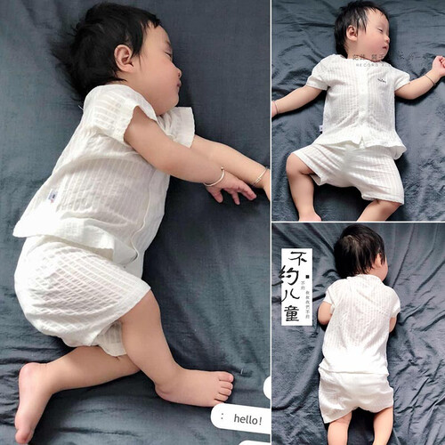 婴儿衣服短袖套装宝宝睡衣薄款家居服男童女秋衣儿童空调衣服夏 【短袖】冰蓝 66cm(推荐身高62-68cm)