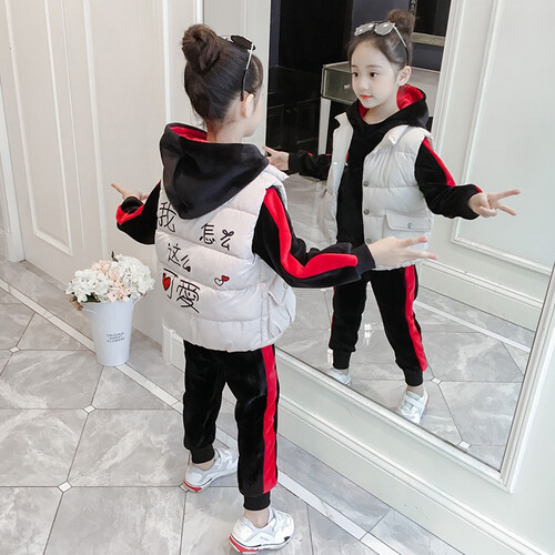 三件套童装女童套装秋冬装2019秋季新款儿童卫衣金丝绒马甲裤子中大童运动休闲长袖长裤小女孩套装 黑色 140(建议身高130厘米左右)