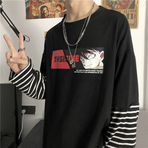 潮径 假两件撞色拼接条纹袖长袖T恤男秋装新品卡通人物字母印花ins潮牌打底衫 黑色 M