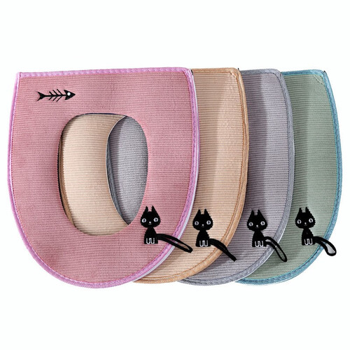 【四件套】马桶垫 拉链式加厚 坐便垫圈 保暖防水冬季珊瑚绒马桶坐垫套马桶圈 卫生间坐便器垫家用 加厚小猫拉链款 混色2个装