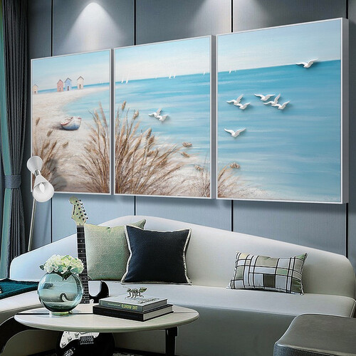 RELIFE 客厅装饰画现代简约油画玄关走廊墙挂画沙发背景墙立体浮雕三联画框餐厅壁画  自清洁 【海风白沙A款】60*80*3 现货 【咨询客服有惊喜】