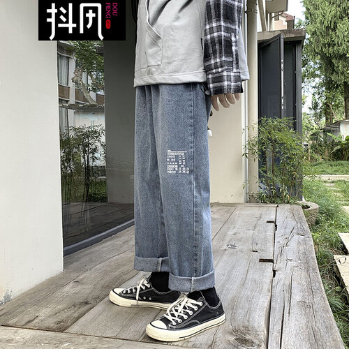 抖风 牛仔裤男2019秋季新品韩版宽松直筒裤嘻哈阔腿老爹裤INS网红潮牌哈伦裤青少年学生休闲牛仔裤 浅蓝色 M（建议100-120斤）