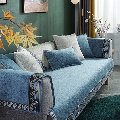 兰丽坊 沙发垫套装新中式沙发套防滑沙发罩巾组合沙发雪尼尔Vs提花面料 羽墨-浅蓝 90*90cm一张