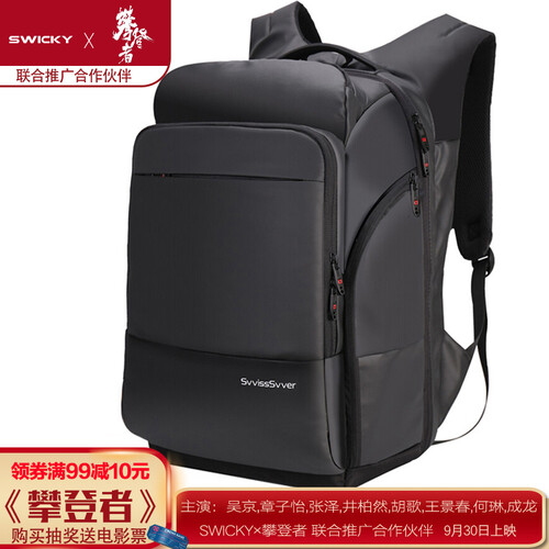 瑞士SWICKY瑞驰商务双肩包男大容量15.6英寸17.3英寸电脑背包短途出差旅行包多功能防盗 黑色【17英寸电脑包豪华版】
