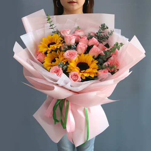 领香鲜花速递33朵香槟玫瑰花束红玫瑰礼盒表白生日礼物全国同城送花 21朵粉玫瑰向日葵—粉公主款