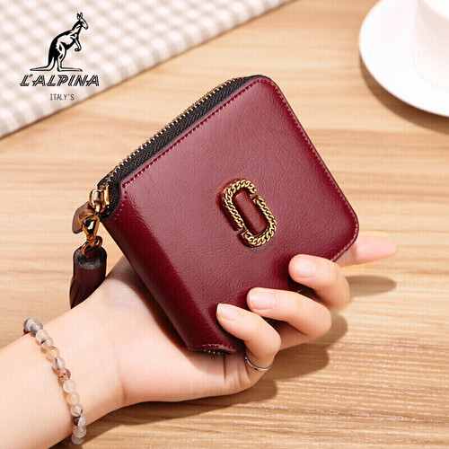 阿尔皮纳袋鼠（L’ALPINA)女士钱包牛皮短款大容量多卡位小皮夹女式零钱包 674051018枣红色