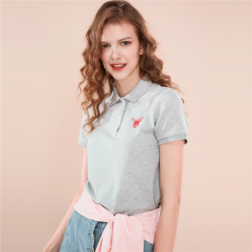 佐丹奴（Giordano） T恤 2019春夏鹿头刺绣弹力棉女短袖POLO13319201  03中花灰色 中码(160/80A)