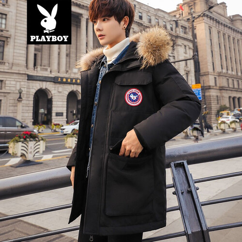 花花公子羽绒服男 中长款加拿大风格加厚刺绣装饰时尚修身连帽羽绒服鹅冬装外套 165黑色 L(120斤-130斤)