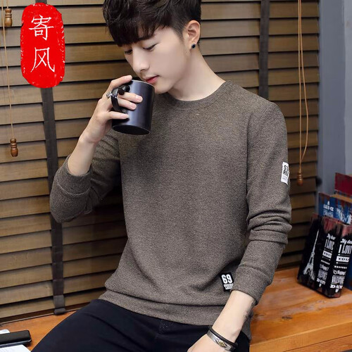 寄风 毛衣男2019秋冬新款男士韩版针织衫圆领修身时尚百搭长袖T恤男打底衫男士上衣外套 卡其色 XL