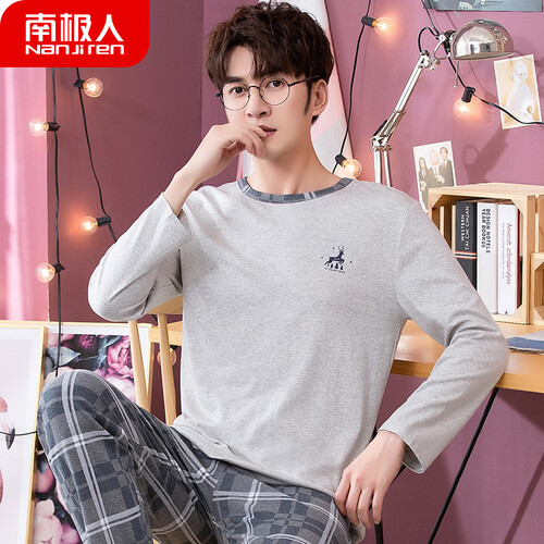 南极人睡衣男纯棉长袖春秋季全棉薄款可外穿休闲青年学生男士家居服套装NAS5X20011JD-22 男灰色小鹿 XL