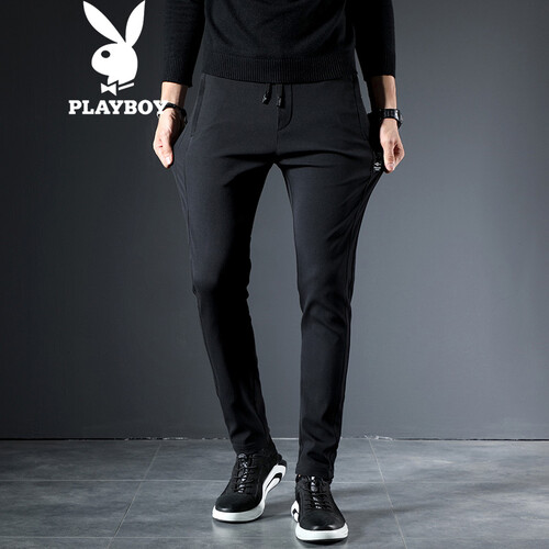花花公子PLAYBOY 休闲裤男士韩版时尚小脚哈伦裤修身男装卫裤长裤子  黑色（1060） XL