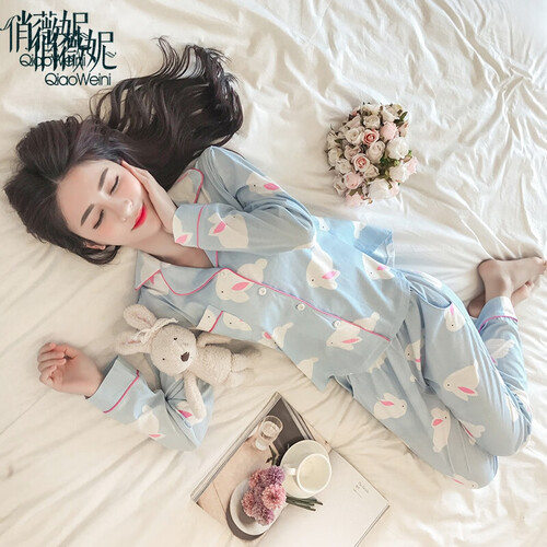 俏薇妮睡衣女春秋纯棉长袖翻领韩版可爱甜美卡通宽松可外穿长裤家居服套装 5650蓝色兔子 XL