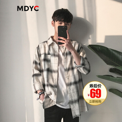 MDYC 2019年新款衬衣格子长袖衬衫男潮文艺港风系列ins 米白格子 XL