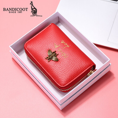袋鼠（BANDICOOT）卡包女新品头层牛皮小蜜蜂零钱包多功能女士钱夹时尚简约小ck女包 C190001W红色