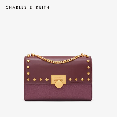 CHARLES&KEITH 女包CK2-70780744金属铆钉饰女士 链条小方包 深紫红色 M