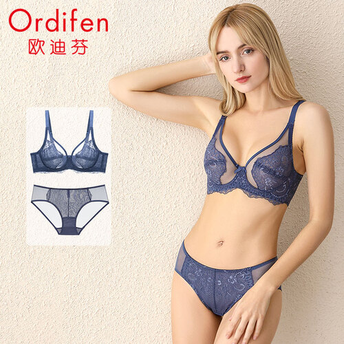 欧迪芬文胸套装内衣女2019新品薄款内衣女蕾丝聚拢上托胸罩乳罩女士内衣套装 XB8696 海湾蓝 C80/L