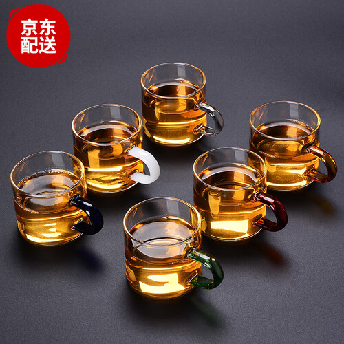 瓷牌茗 玻璃杯子耐热透明玻璃品茗杯小茶杯带把水杯功夫茶具主人杯小茶碗家用 【六彩杯】6个把杯