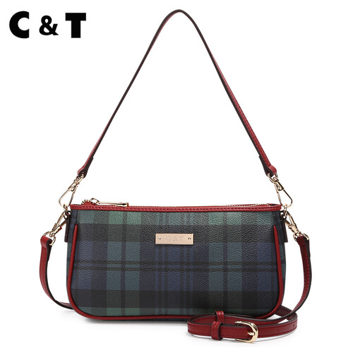 C&T品牌中年妈妈包单肩包女包2018秋冬新款潮小包包欧美英伦格子包百搭斜挎包女小方包迷你手拎包 JDCA1935-83-72绿色格仔配酒红色