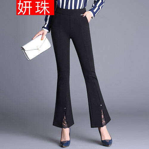 微喇叭裤女裤高腰休闲裤女士裤子九分裤女款蕾丝开叉松紧腰2019新款秋冬季韩版学生修身型显瘦薄款大码 黑色 27码/M/2尺腰围