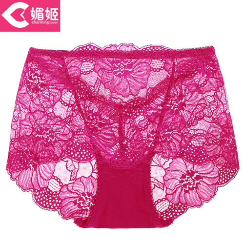 媚姬性感女士内裤蕾丝中高腰无痕安全裤透明收腹提臀内裤女 玫瑰红 M160/90A