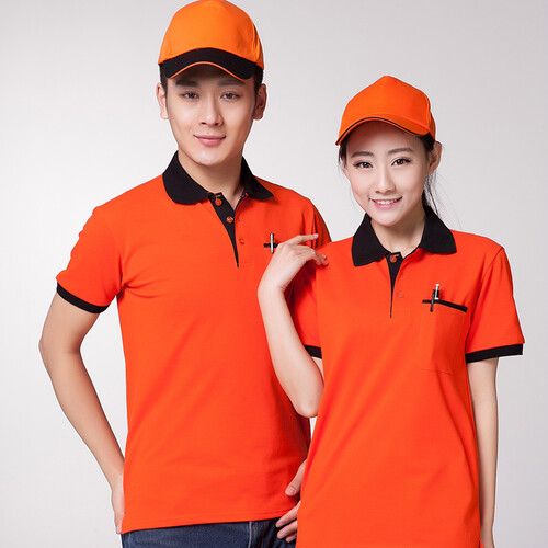 短袖工作服T恤厂服polo衫服务员工装T恤男女半袖纯色T恤衫 拼领志愿者义工T恤工作服 桔色【有口袋】 L