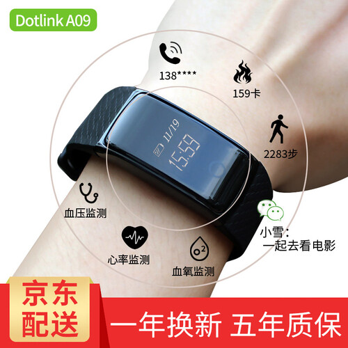 Dotlink A09 智能手环 男女心率血压监测老人 防水记步手表运动 微信来电提醒 安卓通用 A09贵族黑