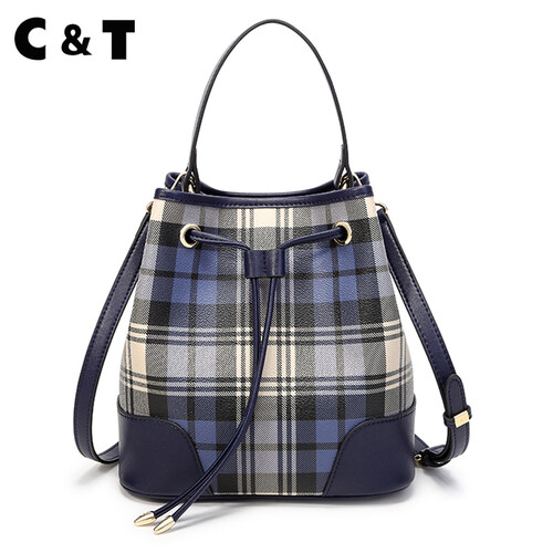 C&T水桶包女包2019新品暗扣抽带桶包百搭简约韩版时尚斜挎包手提包印花英伦女包大容量 JDCA1729-81-69蓝色格仔配宝蓝
