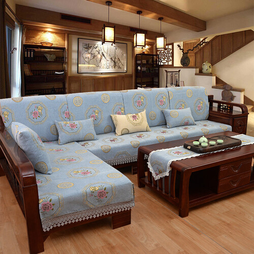 晓笑家居 雪尼尔提花布艺四季通用定制客厅沙发垫沙发巾抱枕套 现代中式实木坐垫新品 江南古镇-蓝色 方巾 70*70cm