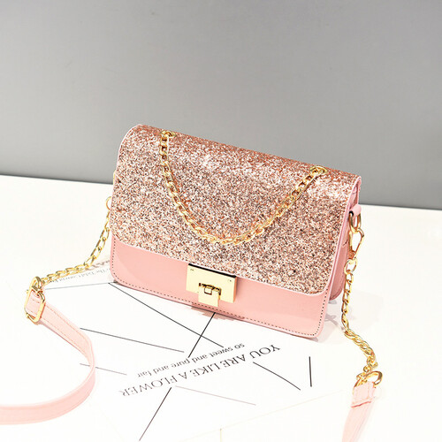 新款女包链条包时尚甜美女士单肩包潮流小方包亮片女生小包包 浅粉色