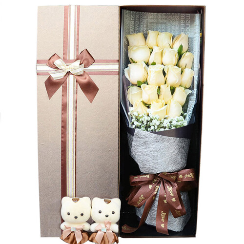 IDY鲜花 19朵香槟玫瑰花礼盒+满天星配花 生日礼物 鲜花速递同城  全国花店送花配送上门