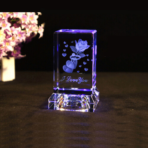 雨欣  水晶玻璃创意礼品 礼物 发光3D创意内雕 女生男生朋友闺蜜生日小礼品礼物 戒指玫瑰花 电池发光