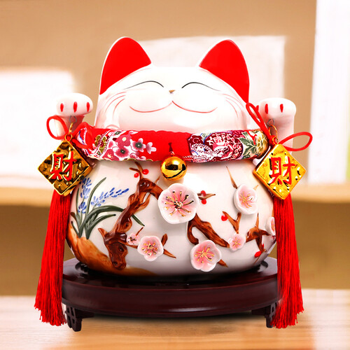 星扉 大号炫彩陶瓷招财猫储蓄罐 开业摆件工艺品 客厅装饰品存钱罐创意礼品摆件 10#四季发财木底座