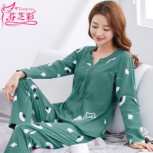 芬芝彩 睡衣女士春秋季纯棉长袖套头妈妈款家居服中老年人加肥加大码全棉套装 FYDB3352清新绿V领款 170(XL)：建议穿着体重120-135斤