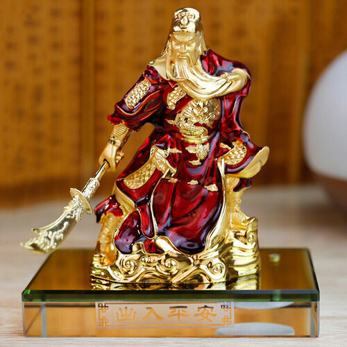 关公摆件 居家车载招财避邪 铜像金色琉璃关二爷武财神雕塑开业礼品汽车家居香水座 出入平安黄底红色
