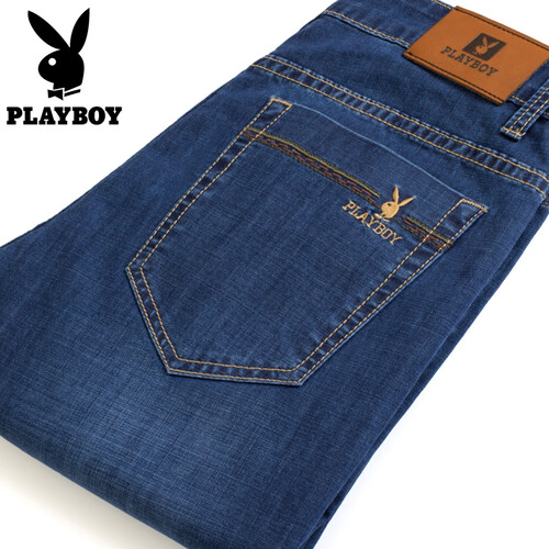花花公子（PLAYBOY）牛仔裤男秋季直筒修身弹力时尚青年商务休闲男士大码长裤子冬季加绒加厚男裤 蓝色H9092 31