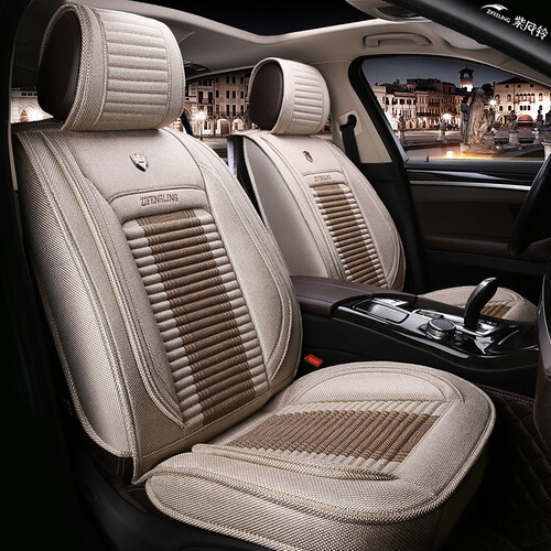 紫风铃 四季通用汽车坐垫全包围夏季汽车座垫仿亚麻迈腾速腾轩逸昂科威途起亚K3哈弗H6汽车座套H10 温馨米-标准版-无头抱枕 五座通用