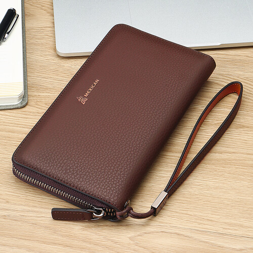 稻草人(MEXICAN)商务男士质感牛皮手包男式大容量手抓包男款钱包单拉手拿包MXC40172M-01啡色